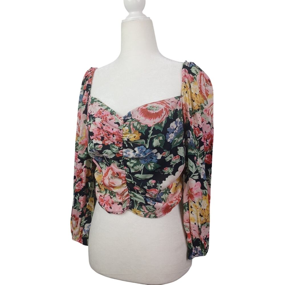 ZARA Dora Floral Cropped Puff Sleeve Top M Ruched Cottagecore Milkmaid Boho NWT